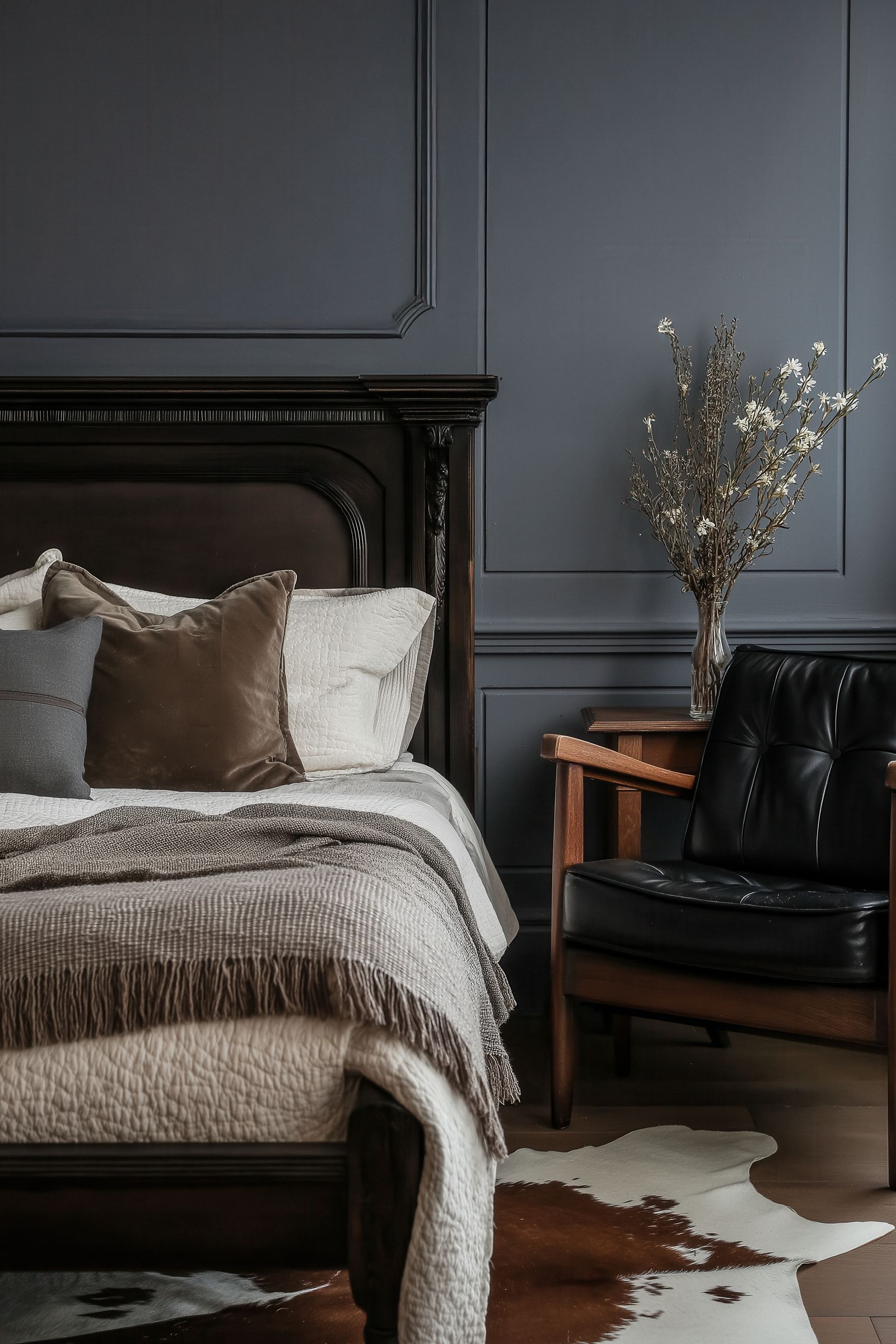 Modern living room with two light gray sofas, a dark wooden coffee table holding a vase with dried pampas grass, minimalist wall art, and a textured wall panel.